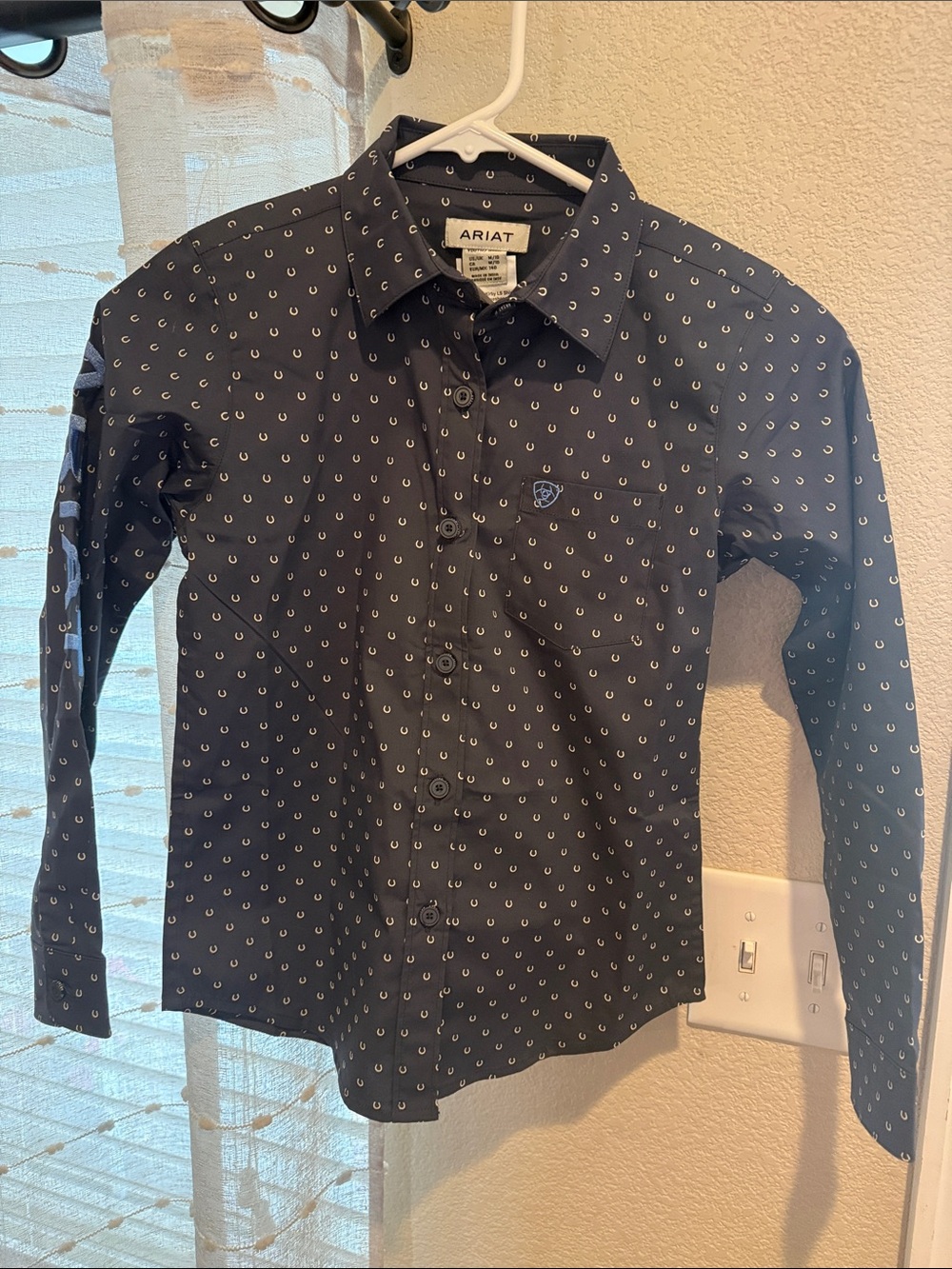 Ariat Girls Navy Button-Down Shirt with Small White Horseshoe Print